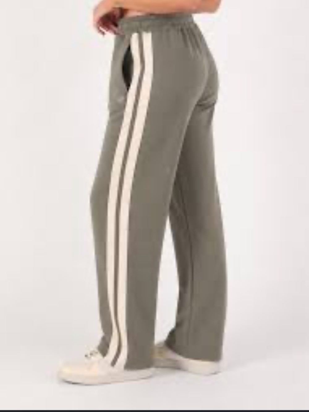 Wide Leg Track Pants in Olive with Cream Side Stripes